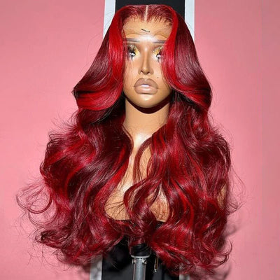 ZSF New Highlight Rose Red With Burgundy Body Wave Colored Hair Transparent Lace Human Hair Wig