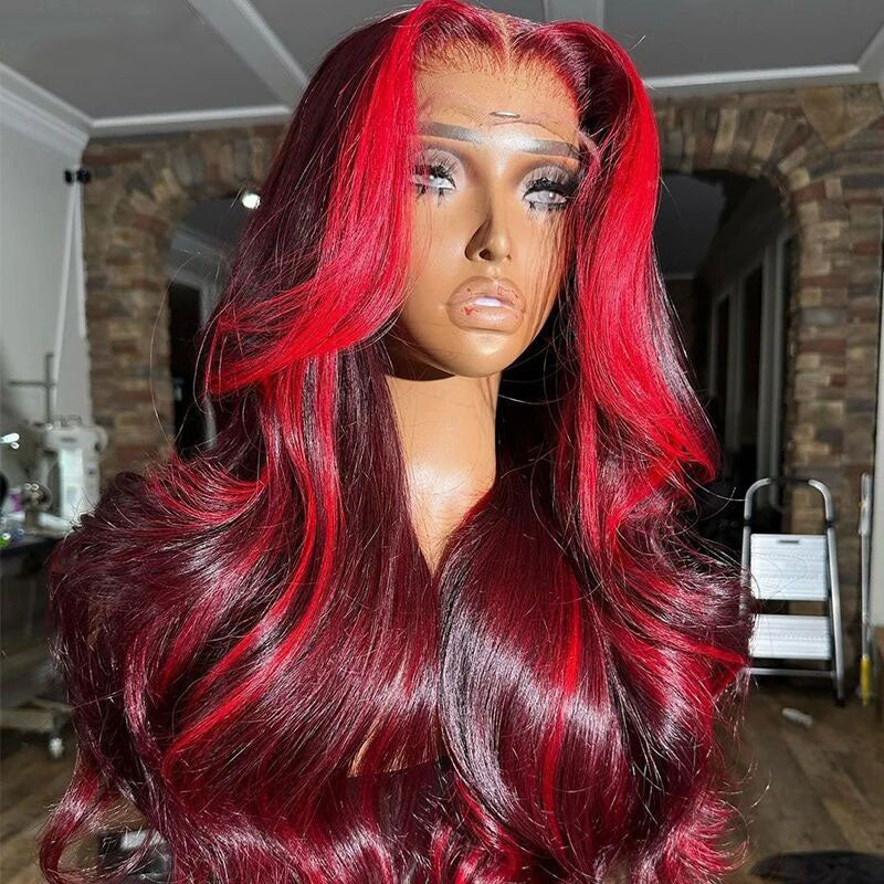 (BUY 1 GET 1 Free) ZSF New Highlight Rose Red With Burgundy Body Wave Colored Hair Transparent Lace Human Hair Wig