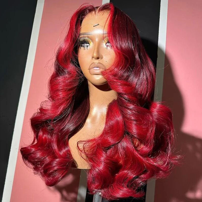 (BUY 1 GET 1 Free) ZSF New Highlight Rose Red With Burgundy Body Wave Colored Hair Transparent Lace Human Hair Wig