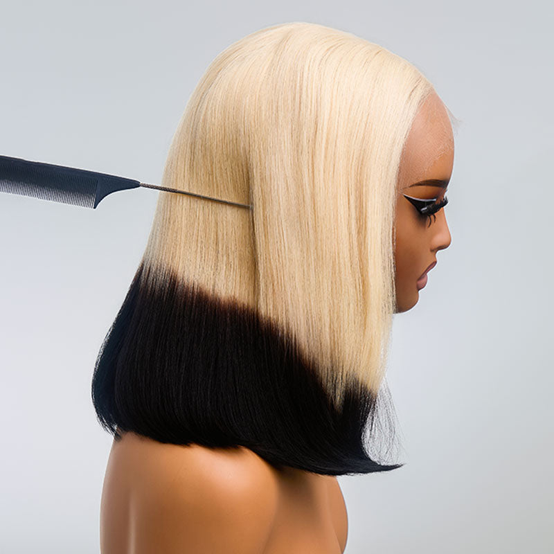 ZSF Blonde With Black End Bob Layered Cut Straight Virgin Hair Bob Lace Wig Invisible Knots Hair