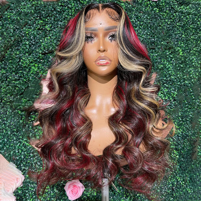 ZSF NEW Multi Color Blonde Red Highlight Body Wave Three Color Mixed Pre-Plucked Glueless Natural Hairline