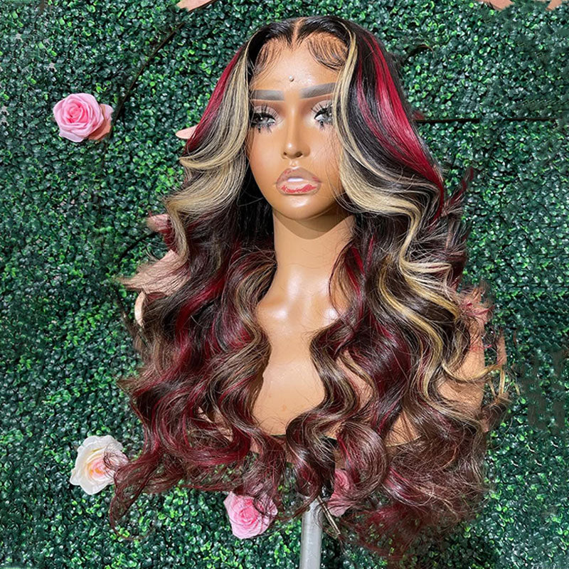 ZSF NEW Multi Color Blonde Red Highlight Body Wave Three Color Mixed Pre-Plucked Glueless Natural Hairline