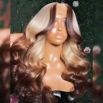 ZSF Blonde With Brown Highlight Color Body Wave HD Lace Hair Wigs Free Part Pre-plucked Natural Hairline