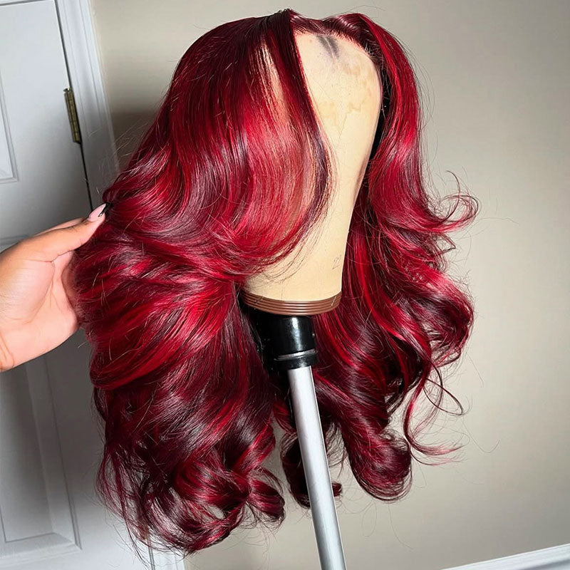 (BUY 1 GET 1 Free) ZSF New Highlight Rose Red With Burgundy Body Wave Colored Hair Transparent Lace Human Hair Wig