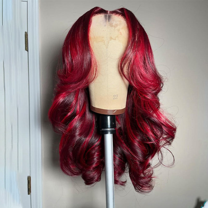 (BUY 1 GET 1 Free) ZSF New Highlight Rose Red With Burgundy Body Wave Colored Hair Transparent Lace Human Hair Wig