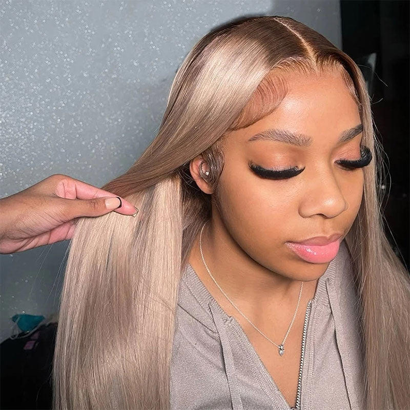 (BUY 1 GET 1 Free) ZSF Ash Blonde Ombre Dark Root Straight HD Lace Frontal Brazilian Human Hair Wig