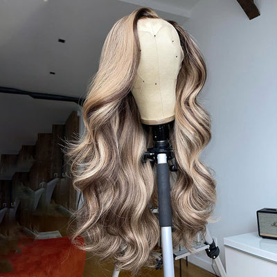 (BUY 1 GET 1 Free) ZSF New Arrival Ombre Brown Mixed Ash Blonde Highlight Body Wave Human Hair Lace Frontal Wig Plucked