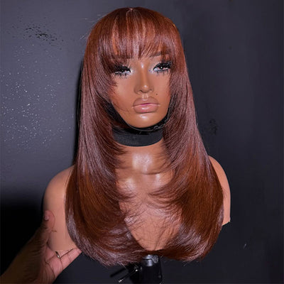 ZSF Auburn Brown 33# Straight Layered Cut With Bangs Transparent Lace Wig Virgin Human Hair