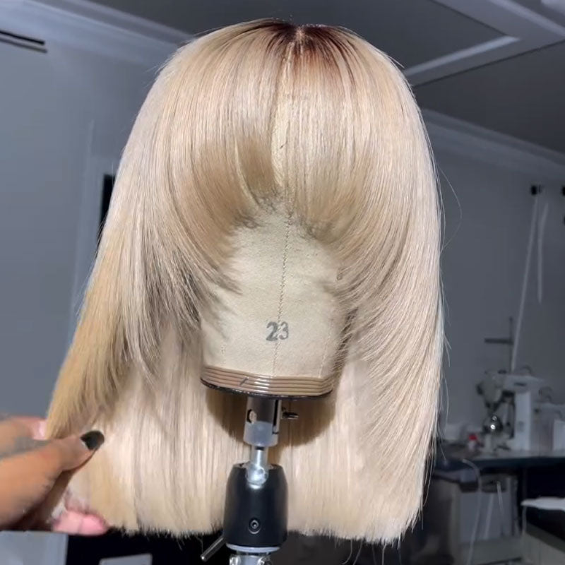 ZSF Trendy Layered Cut Bob With Bangs T2/613 Blonde Dark Roots Lace Bob Straight Hair Short Bob