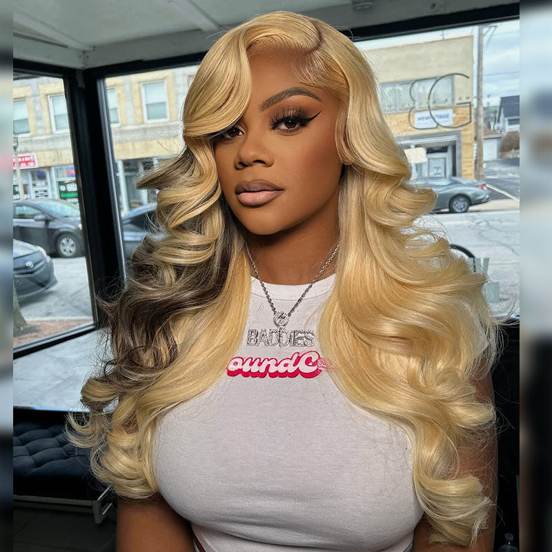 ZSF New Russian Blonde With Brown Highlight Body Wave HD Lace Frontal Brazilian Human Hair Wig