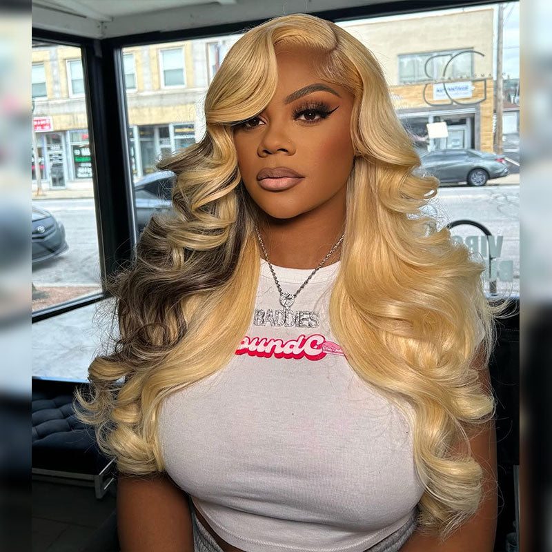 ZSF New Russian Blonde With Brown Highlight Body Wave HD Lace Frontal Brazilian Human Hair Wig