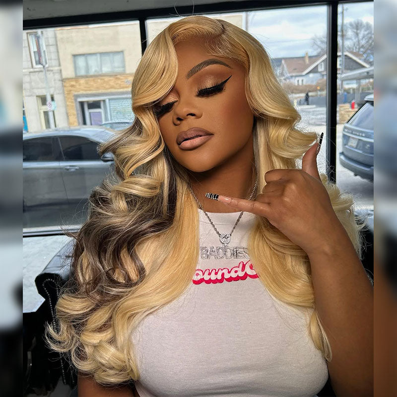 ZSF New Russian Blonde With Brown Highlight Body Wave HD Lace Frontal Brazilian Human Hair Wig