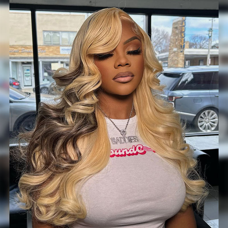 ZSF New Russian Blonde With Brown Highlight Body Wave HD Lace Frontal Brazilian Human Hair Wig