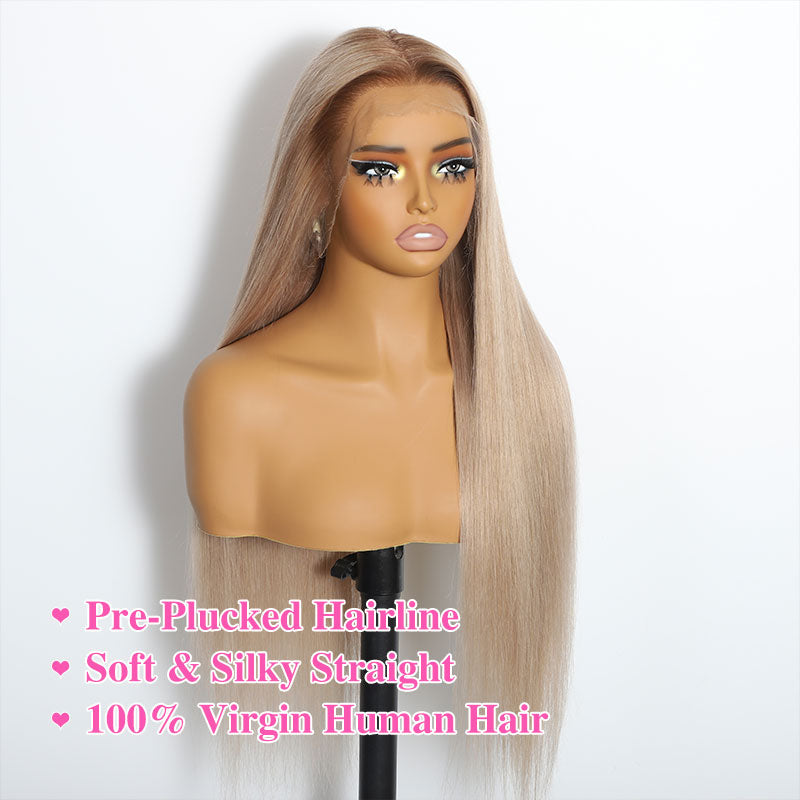 ZSF New In Ash Blonde Ombre Dark Root Straight HD Lace Frontal Brazilian Human Hair Wig