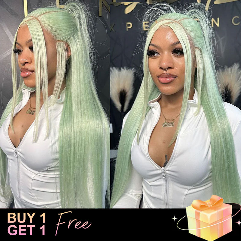 (BUY 1 GET 1 Free) ZSF Hair Mint Green Straight Transparent Lace Frontal Wig 100% Human Hair 1Piece