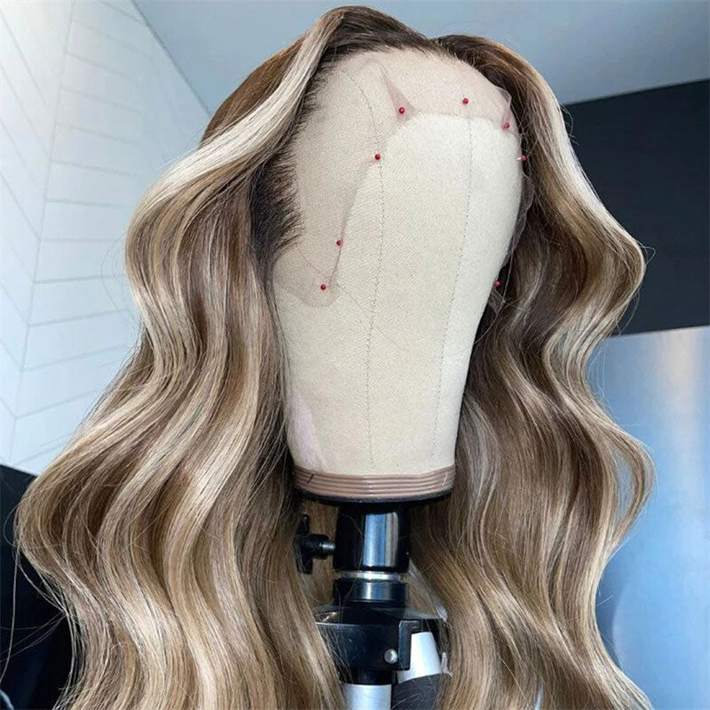 ZSF Hair Brown/Ash Blonde Body Wave C Part HD Lace Frontal Wig 100% Human Hair Pre-plucked