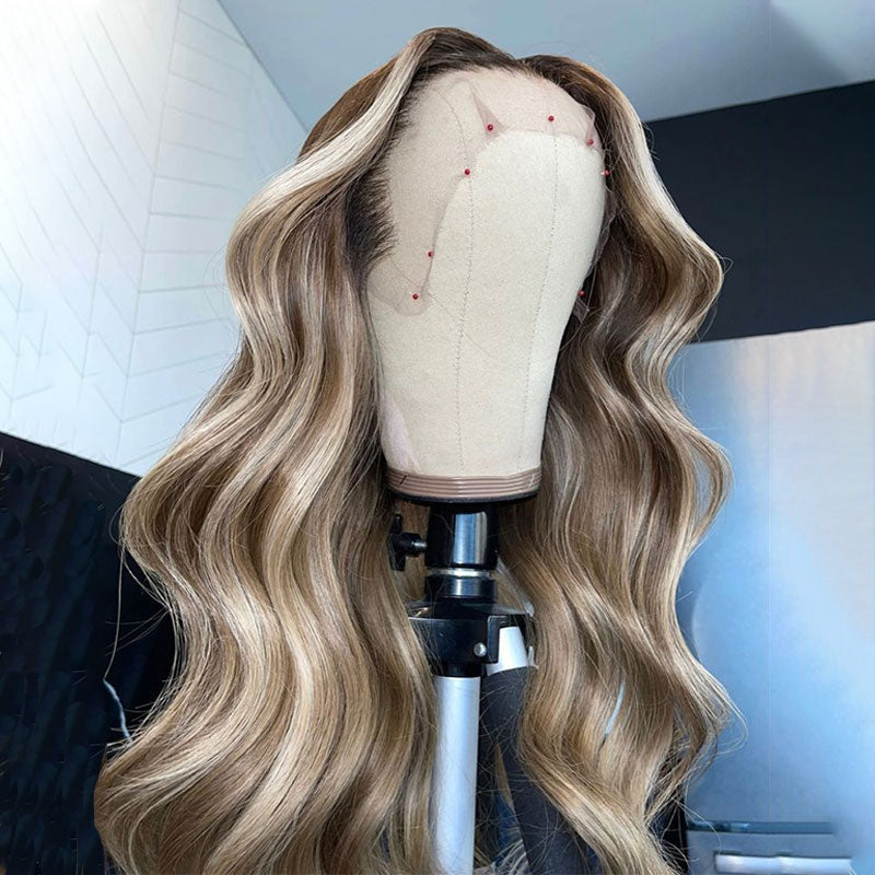 ZSF Hair Brown/Ash Blonde Body Wave C Part HD Lace Frontal Wig 100% Human Hair Pre-plucked