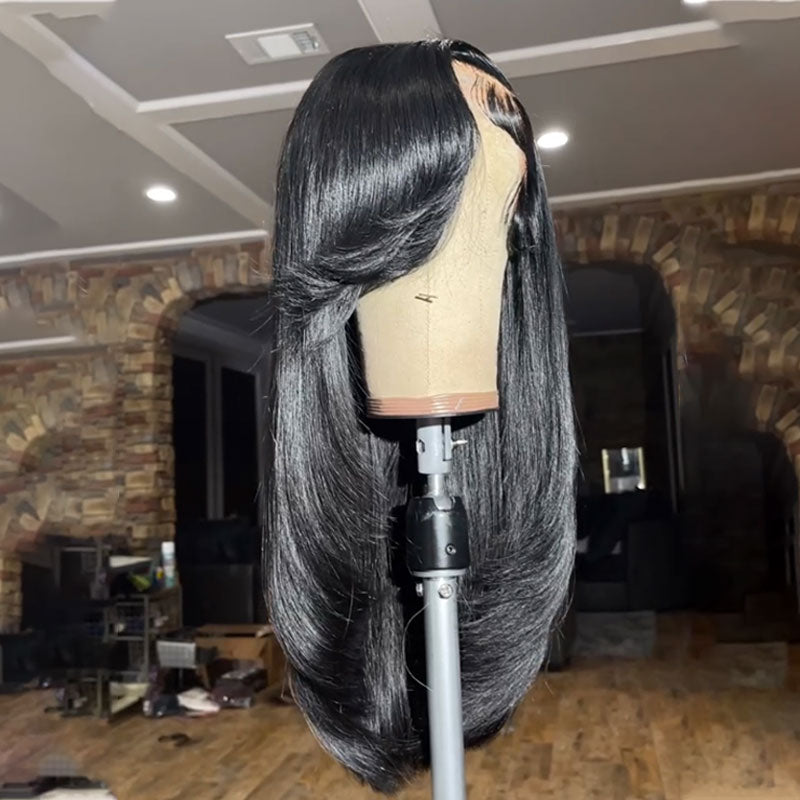 ZSF Limited Design |HD Lace Closure Wig Side Part Bangs Layered Cut Straight Skin Melt Human Hair Pre-pluck