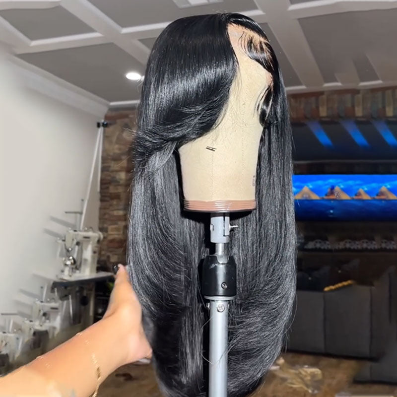 ZSF Limited Design |HD Lace Closure Wig Side Part Bangs Layered Cut Straight Skin Melt Human Hair Pre-pluck