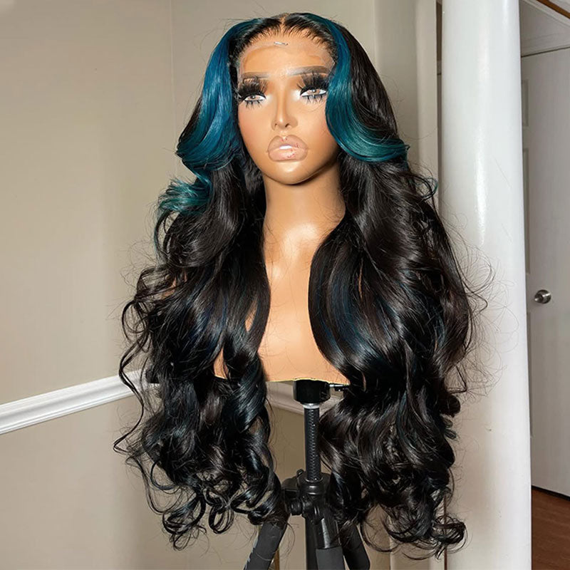 ZSF Customized Color Blue Skunk Stripe Black Body Wave HD Lace Frontal Brazilian Human Hair Wig