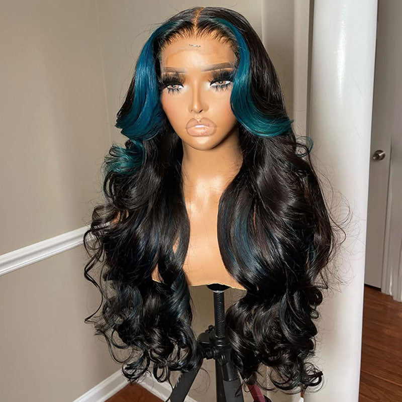ZSF Customized Color Blue Skunk Stripe Black Body Wave HD Lace Frontal Brazilian Human Hair Wig