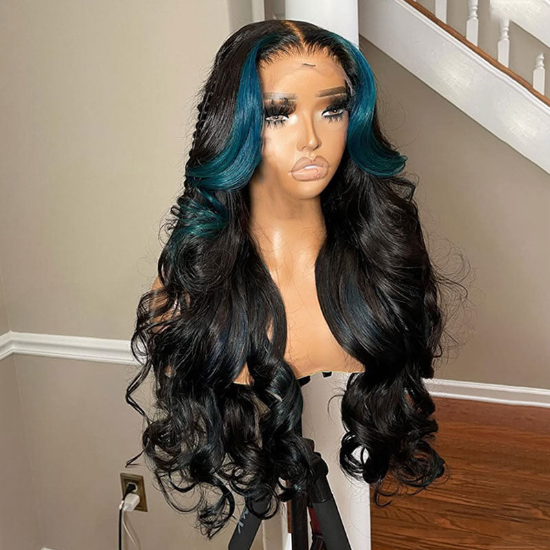 ZSF Customized Color Blue Skunk Stripe Black Body Wave HD Lace Frontal Brazilian Human Hair Wig