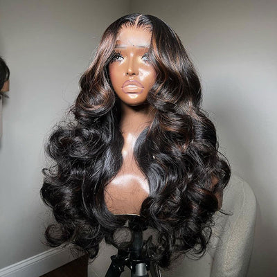 (BUY 1 GET 1 Free)ZSF Brown Highlights F4# Bouncy Body Wave Lace Wig Black Brown Highlight Middle Part Pre Plucked