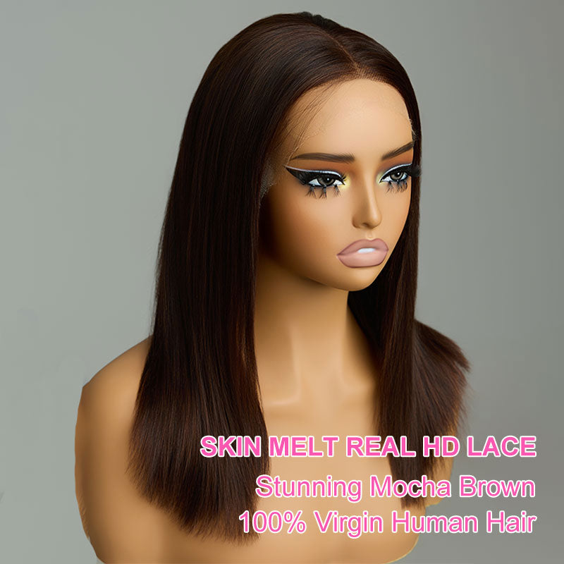 ZSF Trendy Mocha Mousse Brown Straight Lace Wig Natural Hair Shine Brazilian Human Virgin Hair