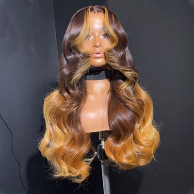 ZSF Three-Toned Color Brown Ombre Blonde Streak Body Wave HD Lace Brazilian Human Hair Wig