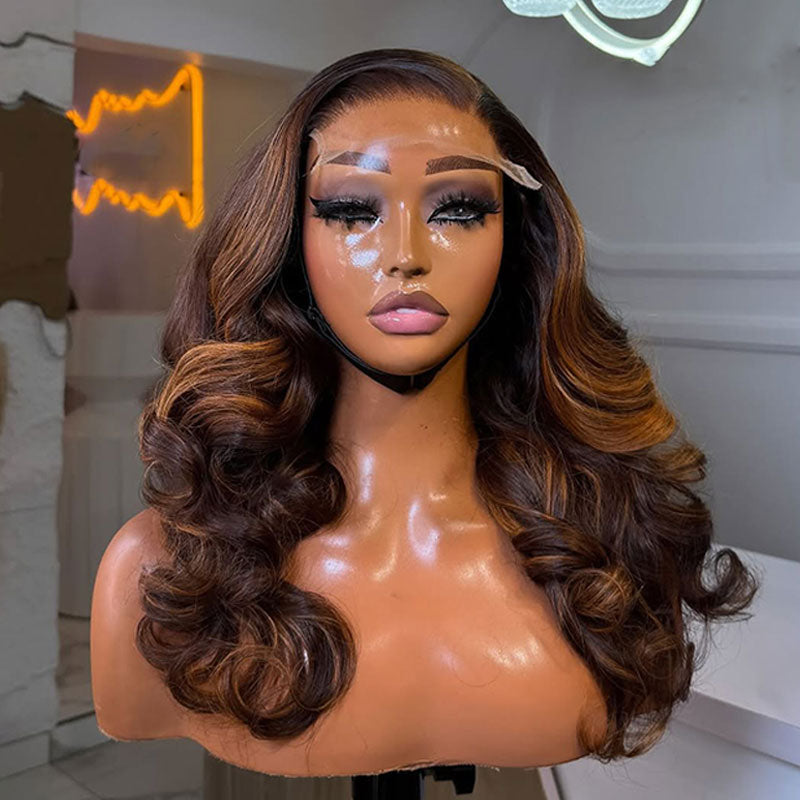ZSF Brown Mixed Golden Highlight Bouncy Curl Lace Wig Pre-Plucked Natural Hairline Virgin Human Hair