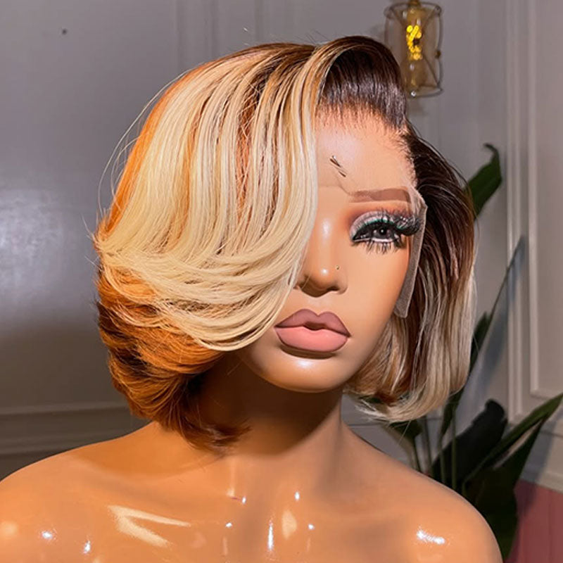 ZSF Customized Color Blonde Brown Highlight Bob Body Wave Virgin Hair Lace Wig Invisible Knots