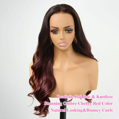 ZSF Black With Cherry Red Colored Body Wave Wig Colored 100% Human Hair Natural Hairline
