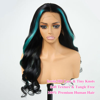 ZSF Customized Color Blue Skunk Stripe Black Body Wave HD Lace Frontal Brazilian Human Hair Wig