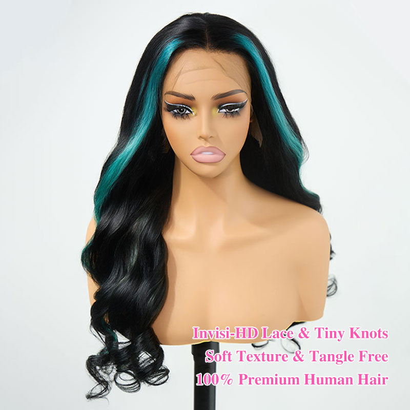 ZSF Customized Color Blue Skunk Stripe Black Body Wave HD Lace Frontal Brazilian Human Hair Wig