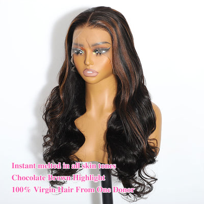 ZSF Brown Highlights F4# Bouncy Body Wave Lace Wig Black Brown Highlight Middle Part Pre Plucked