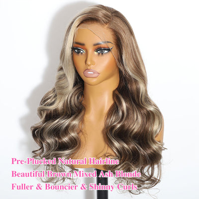 (BUY 1 GET 1 Free) ZSF New Arrival Ombre Brown Mixed Ash Blonde Highlight Body Wave Human Hair Lace Frontal Wig Plucked