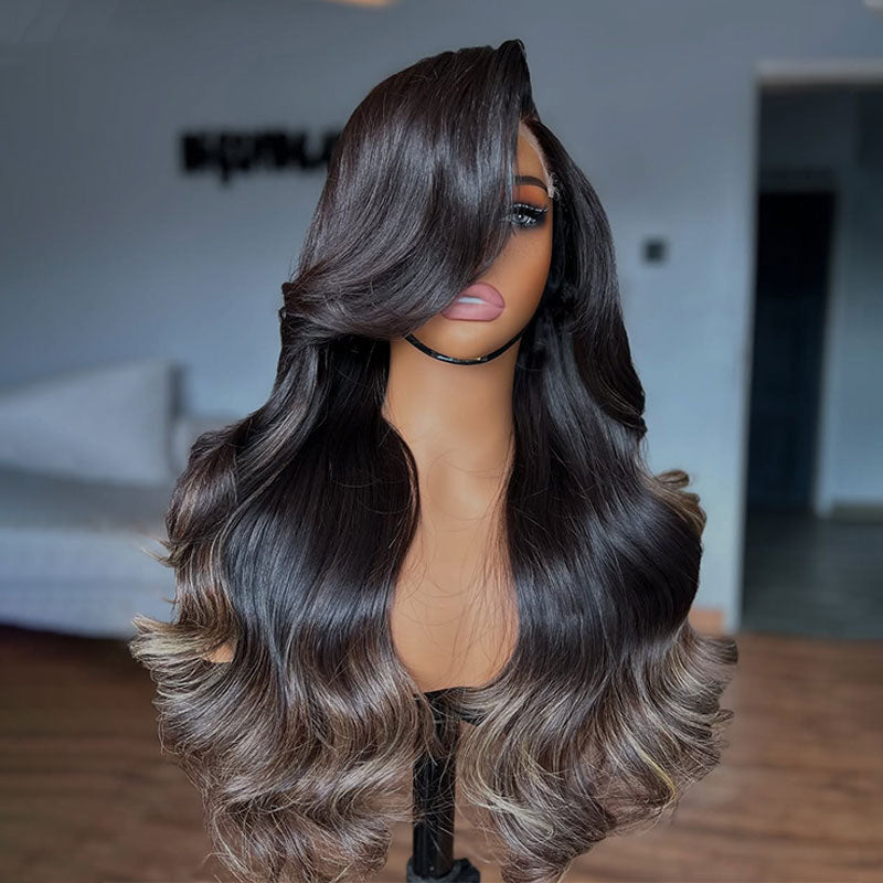 ZSF New Trendy Slight Grey Honey Blonde Highlights Body Wave HD Lace Human Hair Wig C Part Pre Plucked