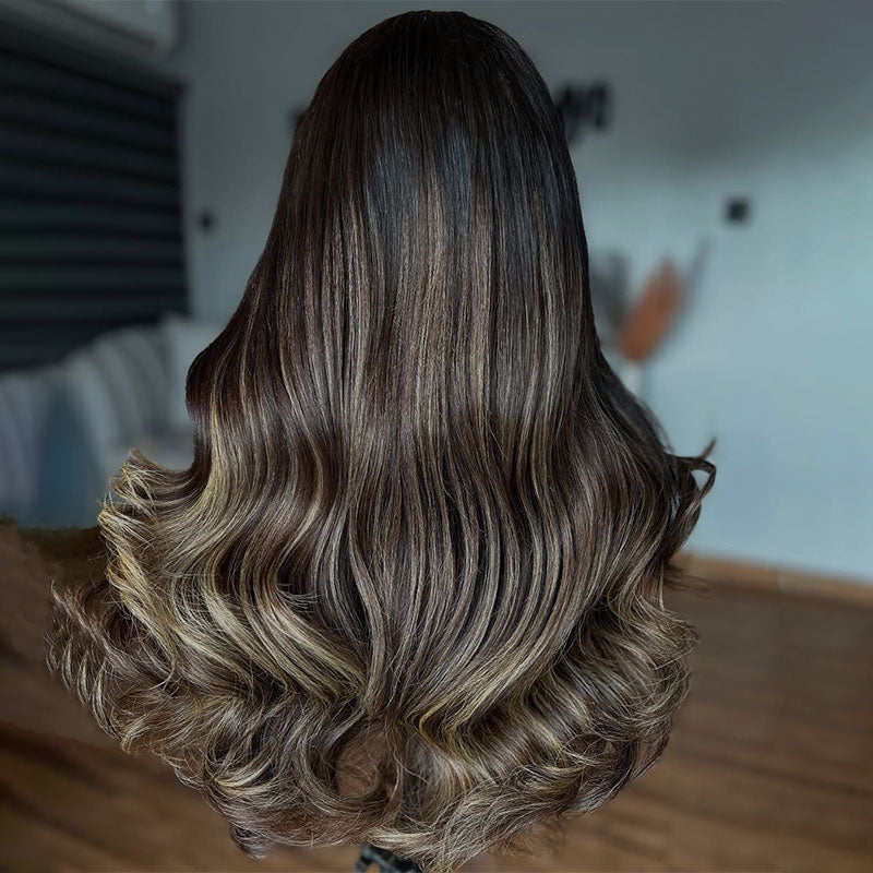 (BUY 1 GET 1 Free)ZSF New Trendy Slight Grey Honey Blonde Highlights Body Wave HD Lace Human Hair Wig C Part Pre Plucked