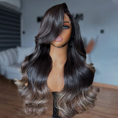 (BUY 1 GET 1 Free)ZSF New Trendy Slight Grey Honey Blonde Highlights Body Wave HD Lace Human Hair Wig C Part Pre Plucked
