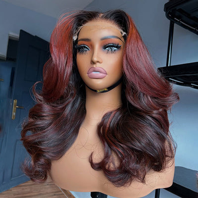 ZSF Maple Red Brown Mixed Black Highlight Body Wave Transparent Lace Wig Virgin Human Hair