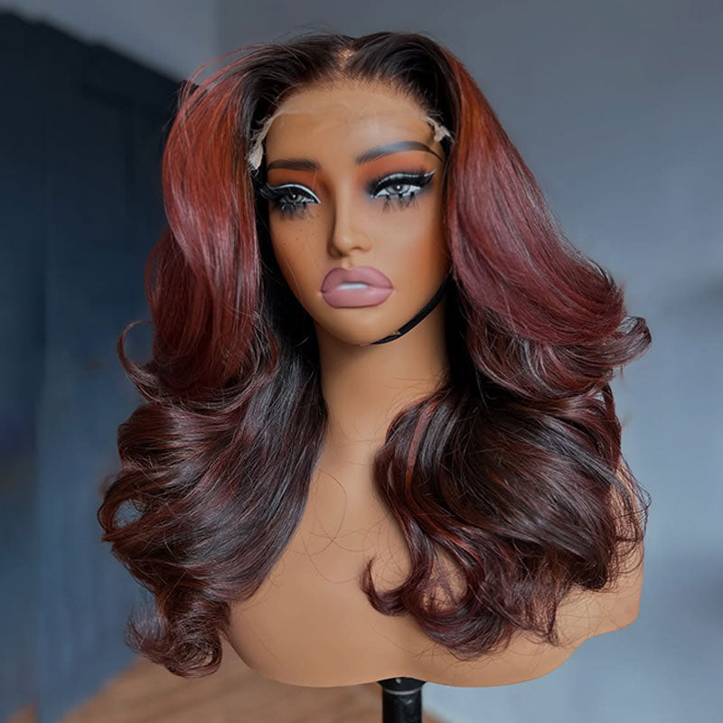 ZSF Maple Red Brown Mixed Black Highlight Body Wave Transparent Lace Wig Virgin Human Hair