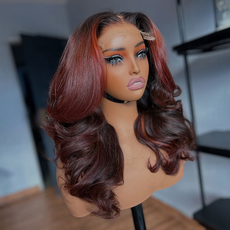 ZSF Maple Red Brown Mixed Black Highlight Body Wave Transparent Lace Wig Virgin Human Hair