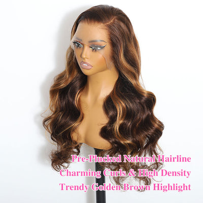 ZSF Brown Mixed Golden Highlight Bouncy Curl Lace Wig Pre-Plucked Natural Hairline Virgin Human Hair