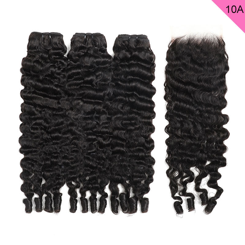 ZSF 10A Grade Burmese Curly 100% Virgin Human Hair 3Bundles With Lace Closure Natural Black