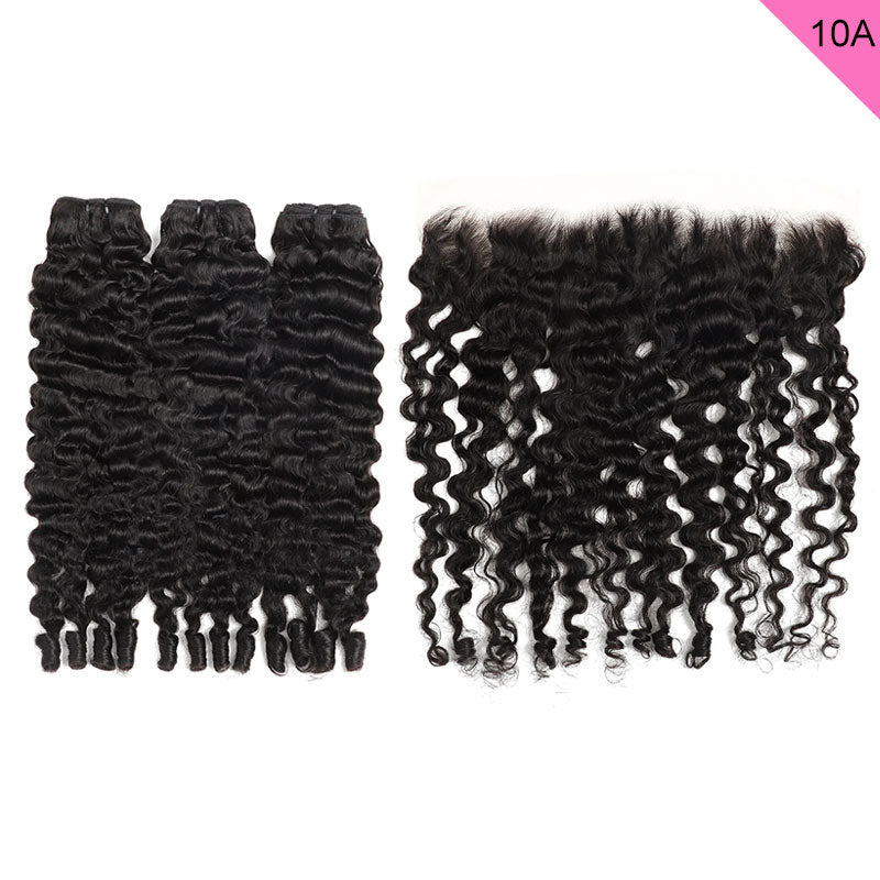ZSF 10A Grade Hair Burmese Curly Virgin Human Hair 3Bundles With Lace Frontal Natural Black