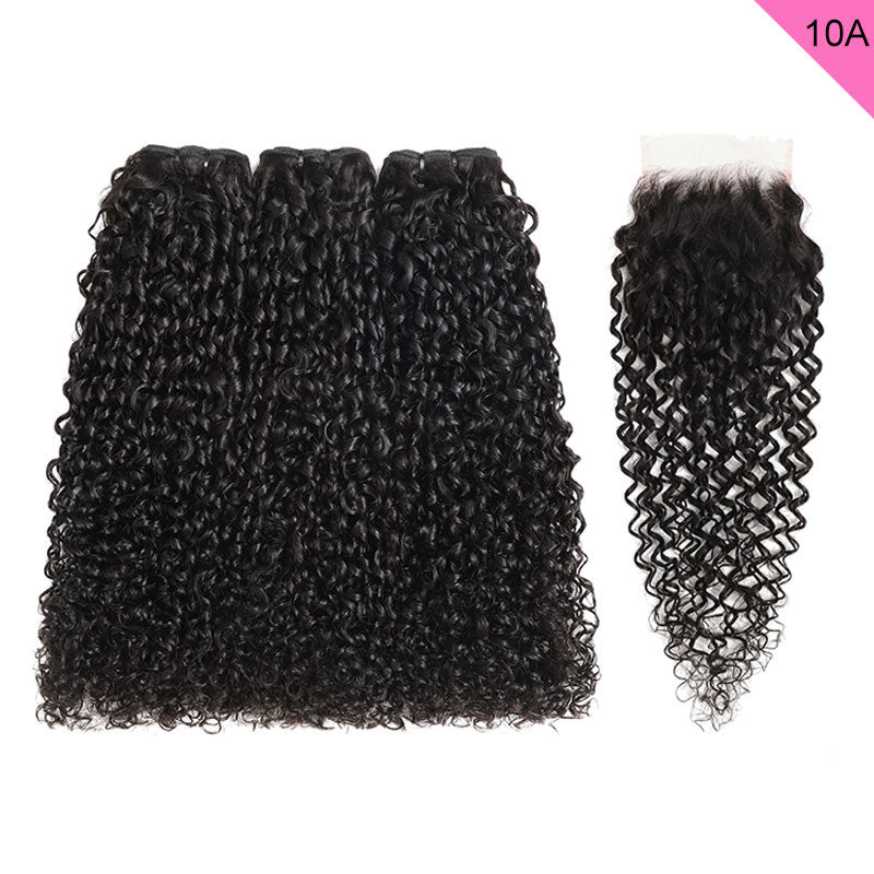 ZSF 10A Grade Pixie Curly 100% Virgin Human Hair 3Bundles With Lace Closure Natural Black