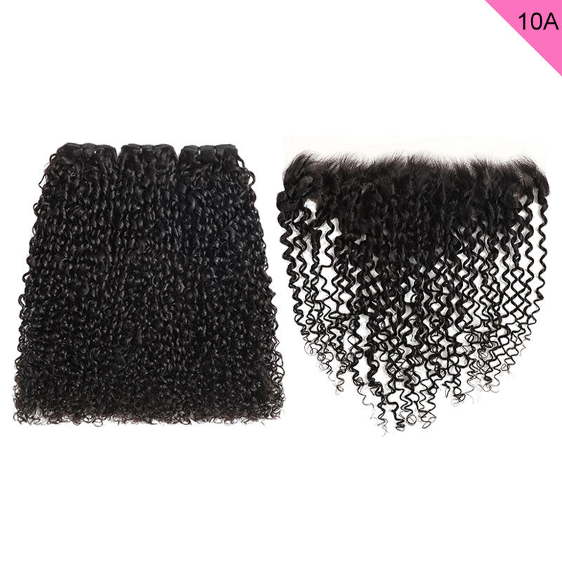 ZSF 10A Grade Hair Pixie Curly Virgin Human Hair 3Bundles With Lace Frontal Natural Black