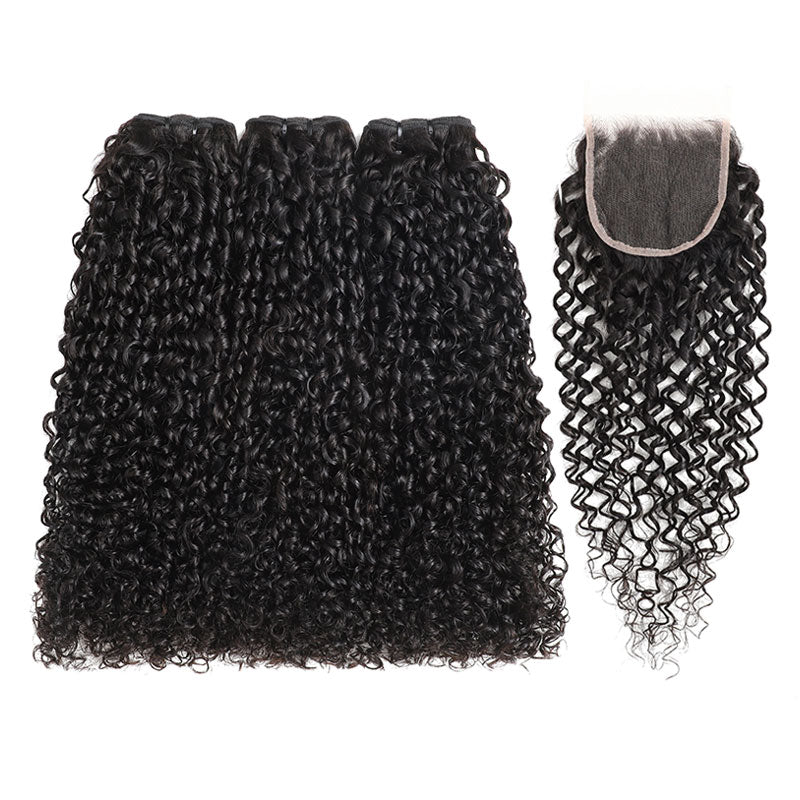 ZSF Hair Pixie Curly Virgin Hair 3Bundles With Lace Closure Natural Black 8A Grade