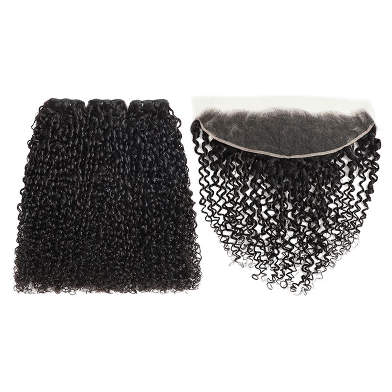ZSF Hair Pixie Curly Virgin Hair 3Bundles With Lace Frontal Natural Black 8A Grade