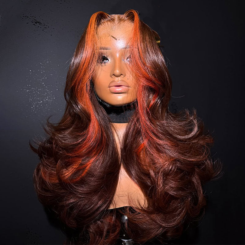 ZSF Hair Orange Highlight With Brown Color Body Wave Transparent Lace Wig Brazilian Colored Human Virgin Hair